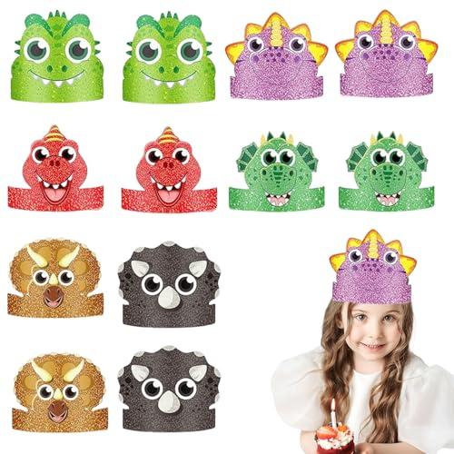 Muorruo 12 Cappellini da Festa con Dinosauri per Bambini, Fasce di Carta, Corona, Decorazione Festa di Compleanno, Cappelli Festa di Compleanno con Animali, Fasce Animali, Corona di Carta per