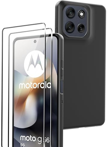 Rojeuinn hülle für Motorola Moto G56 5G + 2 Stücks panzerglas, 9H Härte Ultra-klar Displayschutzfolie，Soft Matte Schutzhülle Handy Case -Schwarz