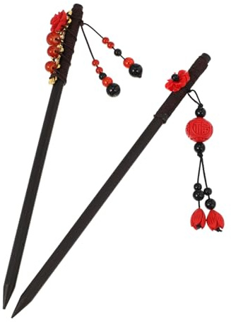 VALICLUD 2pezzi Legno Bastoncino Per Capelli Decorazioni Floreali Rosse Stile Antico Cinese Forchetta Per Capelli Accessori Per Adatto Feste Festival Servizi Fotografici Cerimonie Regalo