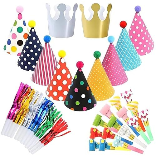 FeiFanChoice 11PCS Party Hats with 27PCS Party Blowers, Cone Party Hats for Adults, Kids, and Teddys for Birthday & Dress-Up Party Decoration