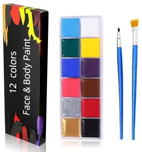 Palette de peinture pour le visage et le corps – Palette de 12 couleurs pour le maquillage d'Halloween – Peinture corporelle multi-usage avec pinceau pour les yeux, le visage, le corps, la fête