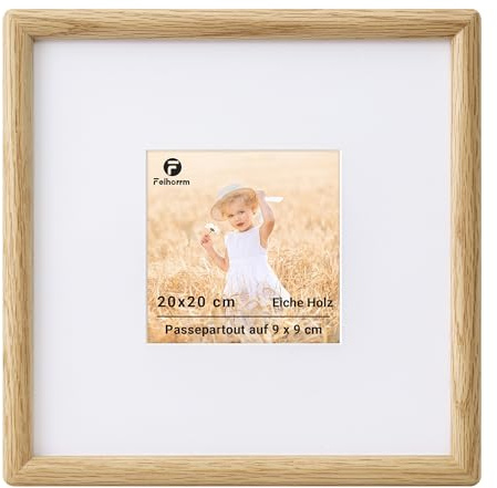 Feihorrm Bilderrahmen 20x20, Eichenholz Fotorahmen mit Gehärtetem Glas | Rahmen mit Passepartout für 9x9 Foto, Bilderrahmen Holz für Wohnzimmer, Schlafzimmer, Büro, Wand & Tischbilderrahmen