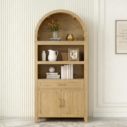 OOFAYJIA Gewölbter Bücherregal mit Türen & Schublade | Holz Bücherschrank, Vitrinenschrank für Wohnzimmer,Küche,Arbeitszimmer