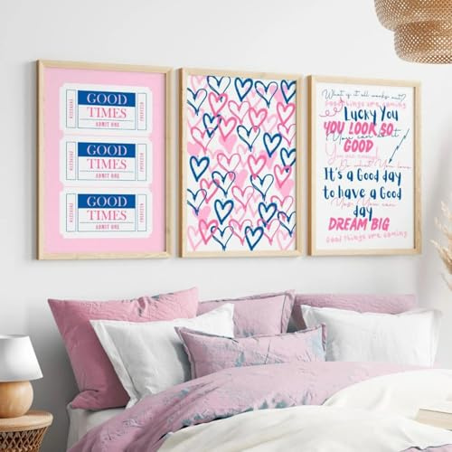 Xiyocadt 3er Poster Set, Rosa Poster & Kunstdrucke, Inspirierende Herzen in Rosa Und Blau, Moderne Abstrakte Bilder Wanddeko Aesthetic Room Decor, Wandbilder Kinderzimmer,Ohne Rahmen (40x50 cm)