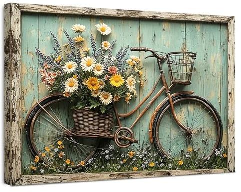 Alptiny Väggmålning med ram 30 x 40 cm, vintagecykel, blommor och natur, målning på duk, för vardagsrum, sovrum, kök, kontor, botaniskt tryck med krokar, spikar och fixering