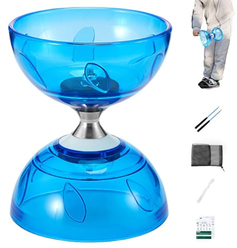 Whyzsjnclg Yoyo Chinois, Diabolo Chinois Yoyo Set Portable Bleu Grand Diabolo à Triple roulement avec bâton de Jeu, Ficelle et Sac en Filet, Jouet d'entraînement pour Adultes