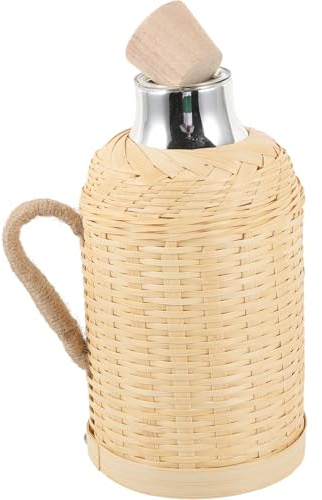 DIYEAH Bottiglia Termica Retrò in Vetro Rivestimento in Bambù Intrecciato 1,3l, Bollitore Termico Manico Staccabile, Isolamento Prolungato per Bevande Calde e Fredde, per Casa e Ufficio