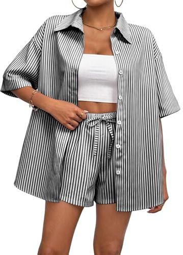Rayson Completo Donna Estivo Righe 2 Pezzi Camicia Maniche Corto e Pantaloncini con Coulisse e Tasche Set Coordinati Completi Estivi Donna per Mare Spiaggia Lavoro(Nero, M)