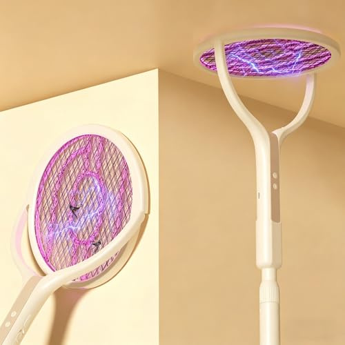 Mineup Rotierender Kopf Wiederaufladbar Elektrische Fliegenklatsche, 2 in 1 USB C mit Akku Aufladbar Elektro Mückenklatsche, Rotierender Kopf Insektenvernichter Fliegenfänger mit UV-Lichtfalle(Beige)