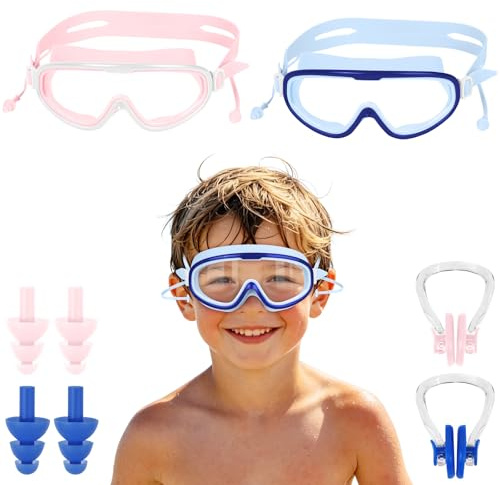 DiULi Gafas de Natación Unisex Niños, 2 Gafas de Snorkel y Natación Antivaho, Goggles de Piscina para Interiores, Visión Clara 180°, Ajuste Cómodo, Tapones para Los Oídos y Pinza Nasal (Azul + Rosa)