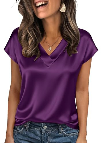 Zeagoo Camicia Donna in Raso con Scollo a V e Maniche Corte Seta Blusa Eleganti Camicie Estivo Satin T-Shirt Top Basic Raso Libero Unita Camicie S-XXL