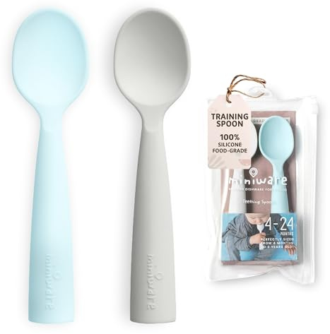 Miniware Silicone Baby Spoon for Training - BPA Free Baby Utensils - Baby Spoons Self Feeding 6 Months | 100% Food Grade Silicone - Modern & Dishwasher Safe Toddler Spoons (Grey and Aqua)