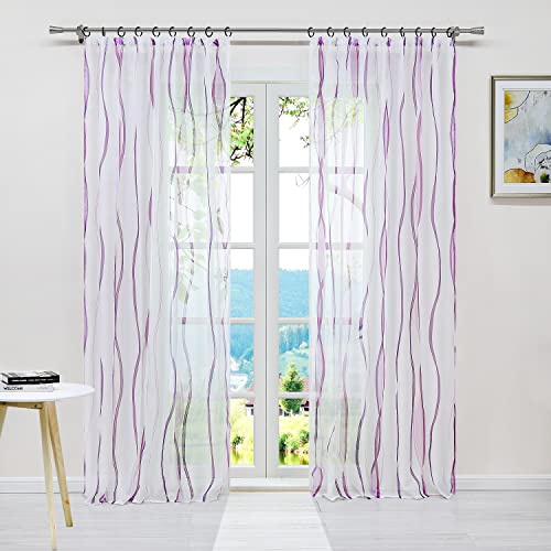 ESLIR Gardinen mit Kräuselband Vorhänge Gardinenschals Voile lila 140x175 | Transparent, Fensterschal, 1 Stück, Schlaufenschal, Fenstergardinen, Wohnzimmer, Fenster innen, Wellen Muster, modern