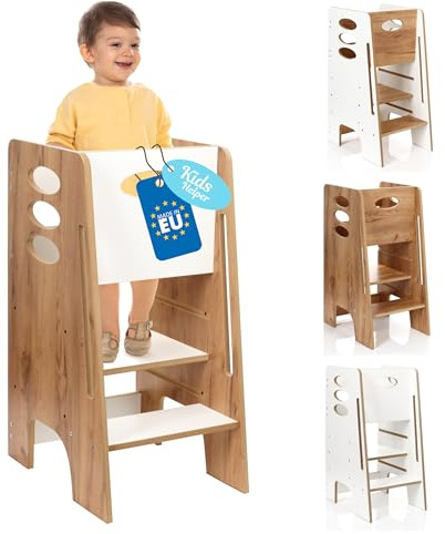 Kitchen Kids Helper Lernturm ab 1 Jahr - Höhenverstellbarer Lernturm Montessori Eiche-Weiß 80cm - Sicherer Learning Tower für Kinder - Ideal für Küche & Bad - Stabile Konstruktion - Leichter Aufbau