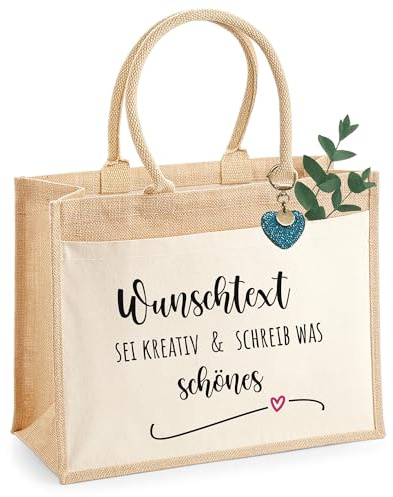 AMBERGER DESIGN Jute-Tasche mit individuellem Namen oder individuellem Wunschtext - Geschenktasche Personalisiert - Tragetasche Shopper - Jutebeutel mit Name