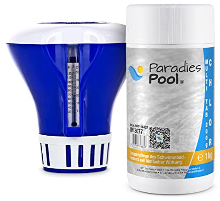 Paradies Pool Dosierschwimmer mit Thermometer + 1kg Multitabletten 200g, schnell löslich, Chlor, Algenschutz, PH-Stabilisator und Flockungsmittel