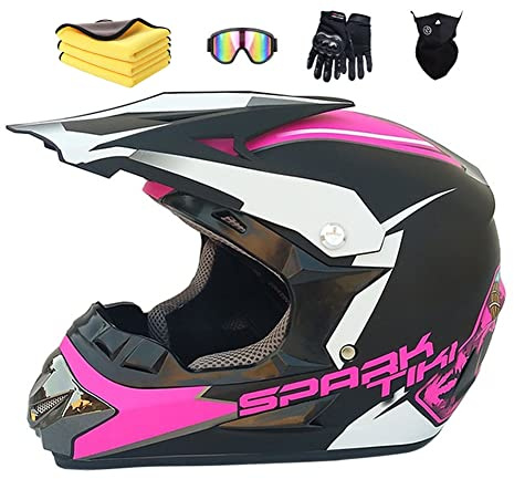 Ruiqieor Casque Moto Cross Enfant Avec Gants et Masque (S 52-56cm, Noir Poudré)