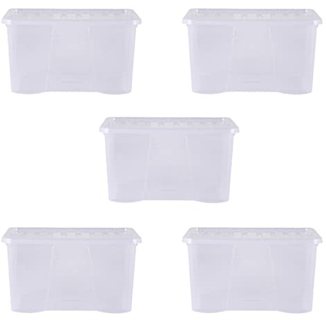 Wham Crystal 5 x 60L Stackable Plastic Storage Boxes with Lids | Ideal for Home, Office, Toys & More | Large Boxes | Made in UK - Clear