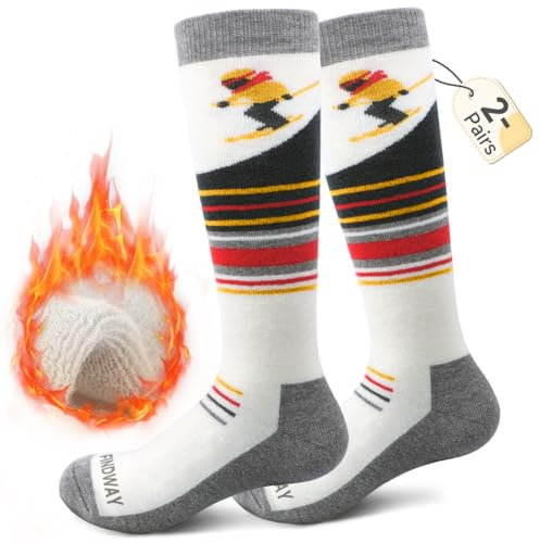 Findway 2 Paar Merinowolle Skisocken Kinder, Winter Snowboarding Atmungsaktive Thermosocken mit Über die Wade Design/Anti-Rutsch-Bündchen für Mädchen/Jungen für Outdoor-Sportarten