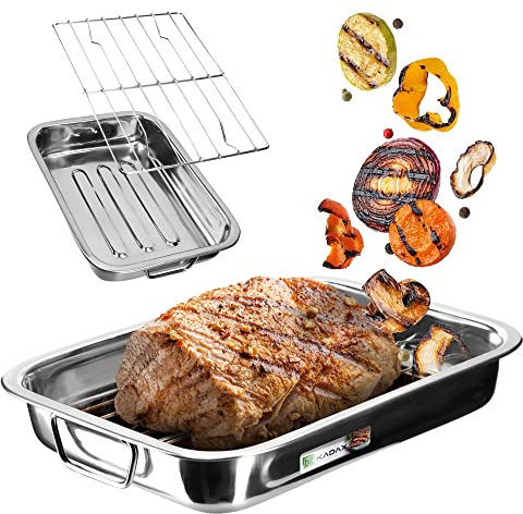 KADAX Bratenform mir Rost, Bratpfanne aus Edelstahl, Viereckpfanne mit Einsatz, Bräter in 4 verschiedenen Größen, Gitterost für Backofen, Ofenform (40x28,5x5cm Silber)