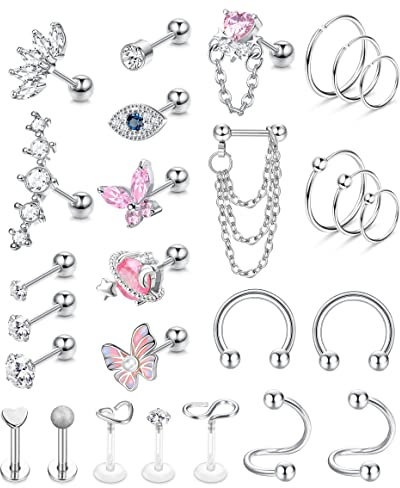 JeweBella 27 Stück 16G Chirurgenstahl Helix Piercing Knorpel Tragus Piercing Set für Damen Mädchen CZ Labret Piercing Knorpelohrstecker Nasenpiercing Conch Piercing Forward Helix Piercing Schmuck Set