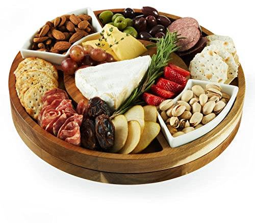 Twine Rotating Wood Serving Round Charcuterie Lazy Susan Wooden Cheese Board Set with Ceramic Dishes-Set of 1
