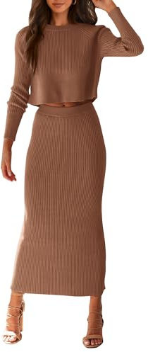 PRETTYGARDEN Women's Spring Fall 2 Piece Sweater Set Rib Knit Long Sleeve Crop Top Maxi Bodycon Skirt Casual Winter Outfits (Brown,Large)