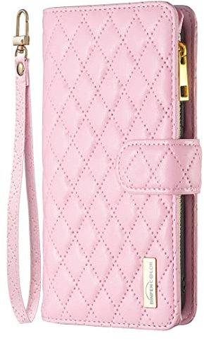 Wuhaizher for iPhone 15 Pro Max Case Zipper Flip Wallet, Pink | Folio Phone Cover for Girls Women, Shockproof Bumper Protection, PU Leather, 9 Card Holder Slots, Kickstand, Magnetic Closure