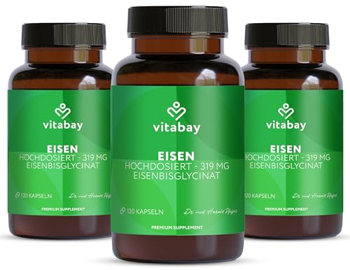Vitabay Eisen Kapseln hochdosiert – 360 vegane Kapseln mit Eisenbisglycinat | 50 mg elementares Eisen – vegan, laborgeprüft, ohne unnötige Zusätze – 12 Monate Vorrat
