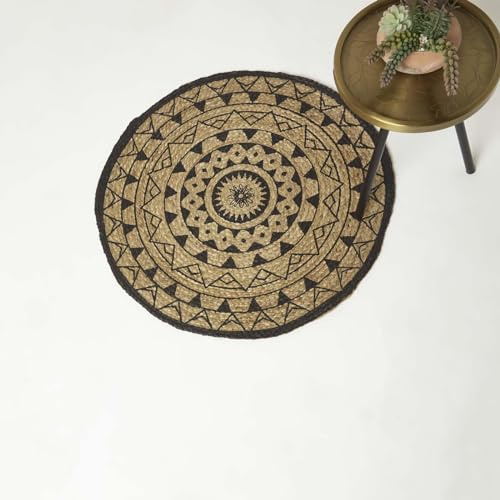 Homescapes Mandala Jute-Teppich Rund 70 cm, Schwarz-Natur, Geflochten, Geometrisch Gemustert
