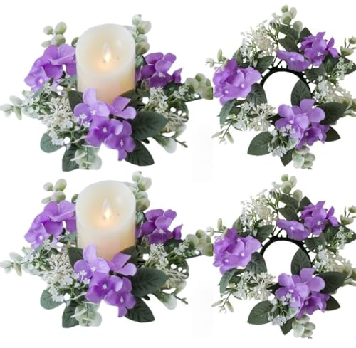 2 anelli per candele artificiali a forma di ortensia, foglie di eucalipto, piccole ghirlande bohémien, portacandele per Pasqua, matrimonio, casa, porta, decorazione da tavolo (viola)