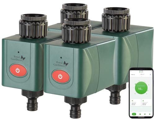 Royal Gardineer Elesion Bewässerung: 4er-Set WLAN-Bewässerungscomputer mit Ventil, App-Wetterdatenabgleich (Steuergerät Garten-Bewässerung, Bewässerungssystem Garten WLAN, Handy)