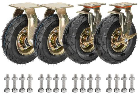 Heavy Duty Replacement Rubber Wheel Casters 8in 10in Set Of 4, Moving Silent Shock Absorption Fixed/Swivel/Brake Pneumatic Caster, 440 Pounds Capacity Per Industrial Caster (Color : Fixed+Brake, Siz