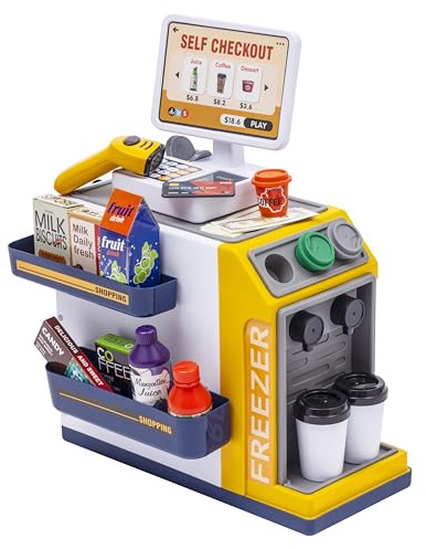 Baroni Toys Registrierkasse für Kinder Interaktives Selbst-Checkout mit Elektronischem Scanner und Kasse, Kasse Lernspielzeug mit Realistischen Funktionen, 46 Stück inklusive