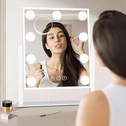 Dripex Hollywood Vanity Mirror with Lights, 30×36cm,9 LED Bulbs, White | Rotatable, 3 Colour Modes, Adjustable Brightness, Memory Function, Tabletop Mount, USB Powered, for Dressing Table