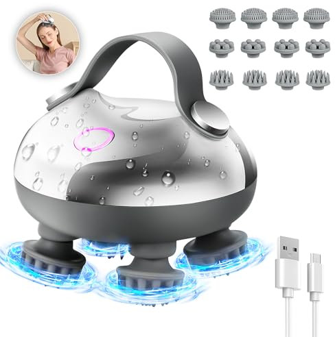 Euakee Kopfmassage Elektrisch, Kopfmassagegerät IPX7 Wasserdicht mit 12 Massageköpfen und 3 Massagemodi, Scalp Massager, Kopfhaut Massagebürste für Körperentspannung, Tiefenreinigung (Silbrig)