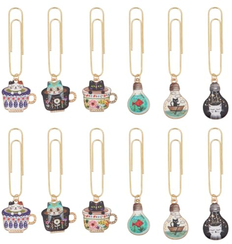 OLYCRAFT 12 Stück Tasse Mit Büroklammern Mit Katzenanhänger 7.3~7.5 cm Emaille-Anhänger Büroklammer Kreative Glühbirne Mit Büroklammern Für Die Organisation Bürodokumenten Und -Dateien 6 Stile