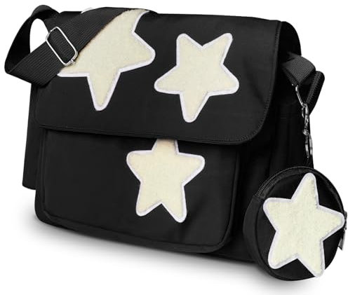 GUSTANO Y2K Messenger Bag for Women, Lightweight Spacious Stars Tote Purse with Cute Coin Purse, Crossbody Bag Shoulder Everyday Bag with Multi Pockets, Chic and Functional (Black)