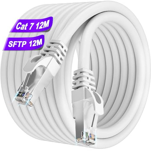 Soibke Ethernet Cable 12m, White Cat 7 Internet Cable High Speed Network Cable Shielded Wifi Cable 24AWG Patch Cables RJ45 LAN Cable Outdoor Wlan Cables for PS5/4 Router Modem - 600MHz 10Gbps
