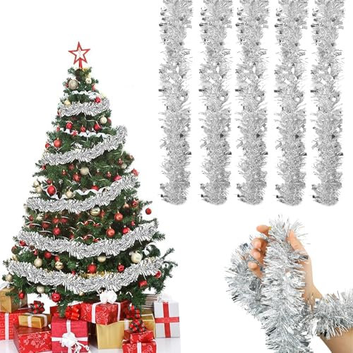 YINZZTRY Guirlandes Tinsel Noël, 5 * 2M Guirlandes de Noel Brillantes, Guirlande de Noël Sapin, Guirlande Métallique Brillante Ornements de Noel, pour Décoration de l'arbre de Noel, Argent