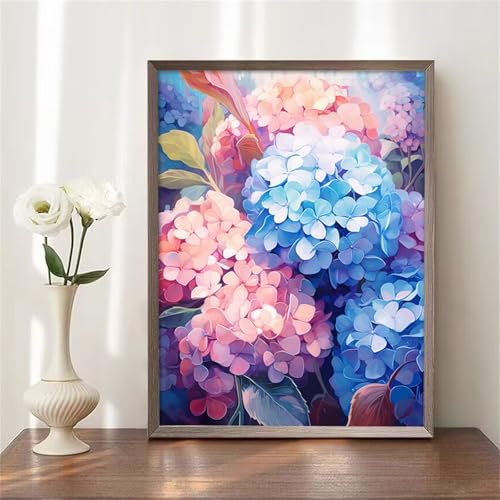 DIY Malen Nach Zahlen kinder Framed,malen nach zahlen Leinwand Bilder Bunte Hortensie für Erwachsene,Acrylfarbe Ölgemälde Art Paint by Numbers Bastelset für Wanddeko Geschenk 40x50cm
