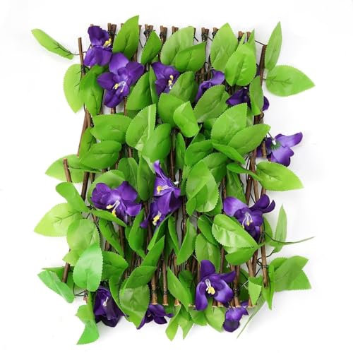 Expanding Garden Trellis Panels, Artificial Hedge Plant Screening With Flowers, Artificial Ivy And Violet Flower, Retractable Garden Wooden Fence Screening, Wall Hanging For Backyard, Balcony