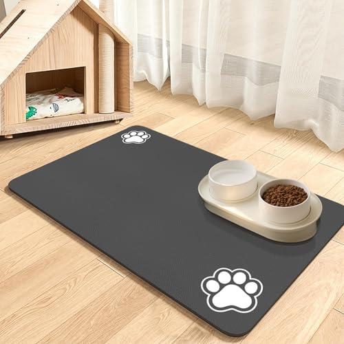 Pet Feeding Mat-Absorbent Pet Placemat for Food and Water Bowl, No Stains Quick Dry Dog Cat Food bowl Mat with Waterproof Rubber Rubber Backing (Dark Grey-2 Paws, 30 x 50 cm)