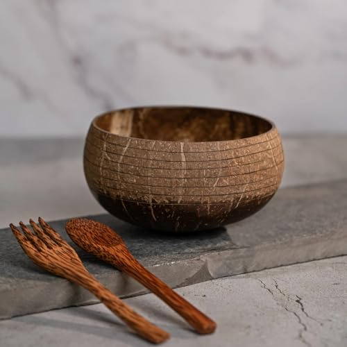 JMS we create smile - Big Coconut Bowl with Spoon & Fork 900ml | Natural Handmade Wooden Coconut Serving Bowl for Breakfast, Salad & Smoothies