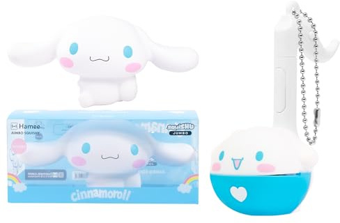 Hamee Sanrio Hello Kitty and Friends Cinnamoroll Jumbo Squishy Toy and Otamatone Melody Cinnamoroll Synthesizer Toy Keychain Bundle