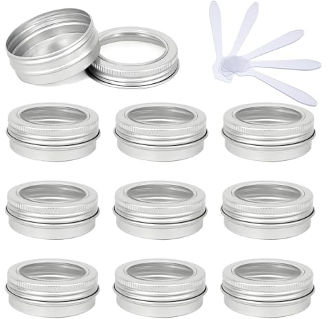PQPAUTY 10 Pcs 30ml Empty Round Silver Aluminum Tins Cans Jars with Screw Lids Clear Window for Candle Cosmetic Lip Balm Salve Craft DIY Storage Containers