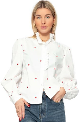 SASSYCLASSY Weiße Rüschenbluse Damen aus Baumwolle - Rüschenhemd mit Herz Stickerei rot - Hemdbluse Damen Langarm mit Rüschenkragen - Stickerei Bluse mit Herzen in Größe M
