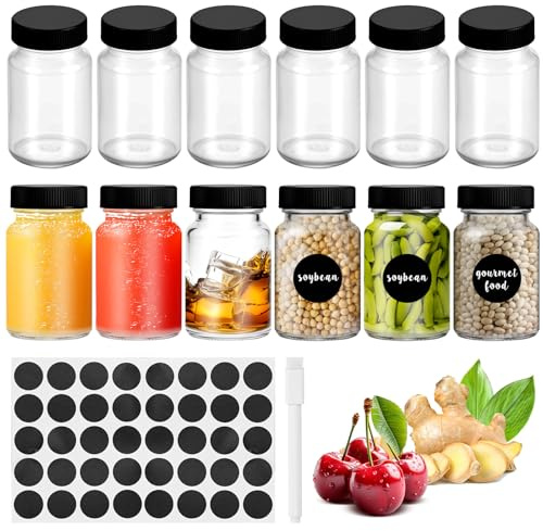 12 Stück Kleine Shot Flaschen zum Befüllen 60ml für Saft, Ginger, Whisky | Dicke Kleine Glasflaschen zum Befüllen,Mini Ingwer Shot Flaschen (Schwarz)