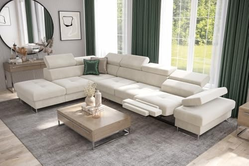 Friderik Ecksofa Galaxy Relax mit Schlaffunktion, Bettkasten, 225×350 cm, Stoff Terra, Relaxfunktion, verstellbaren Kopfstützen & Armlehne (Creme, Links)