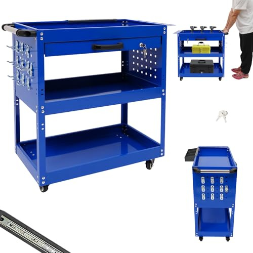 DHQCQL Werkstattwagen Werkzeugschränke, 3 Fächer Werkzeugwagen Leer mit Schubladen und Schlüssel, Mobiler Werkzeugschrank Metall für Werkstätten, Garagen, Lagerhäuser, BIS 250 KG (Blau)